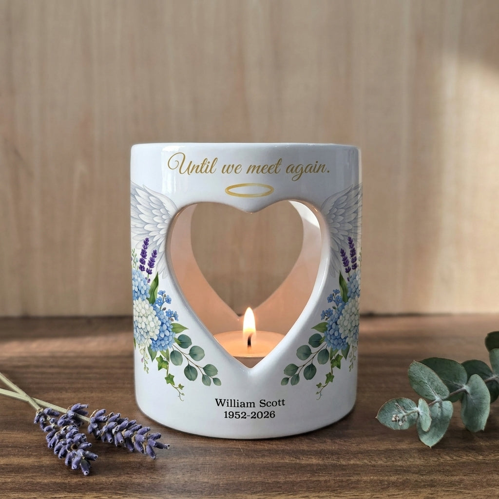 Personalized Memorial Candle Holder, Until We Meet Again Sympathy Gift, Angel Wings Heart Tealight Holder, Loss of Loved One Keepsake
