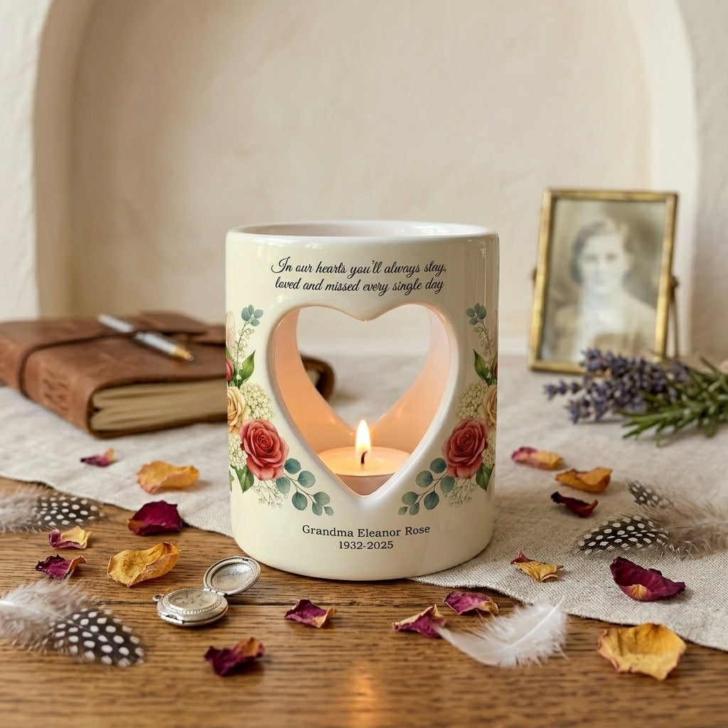 Personalized Memorial Candle Holder, Heart Cutout Ceramic Tealight Sympathy Gift, Custom Name Date Remembrance Keepsake