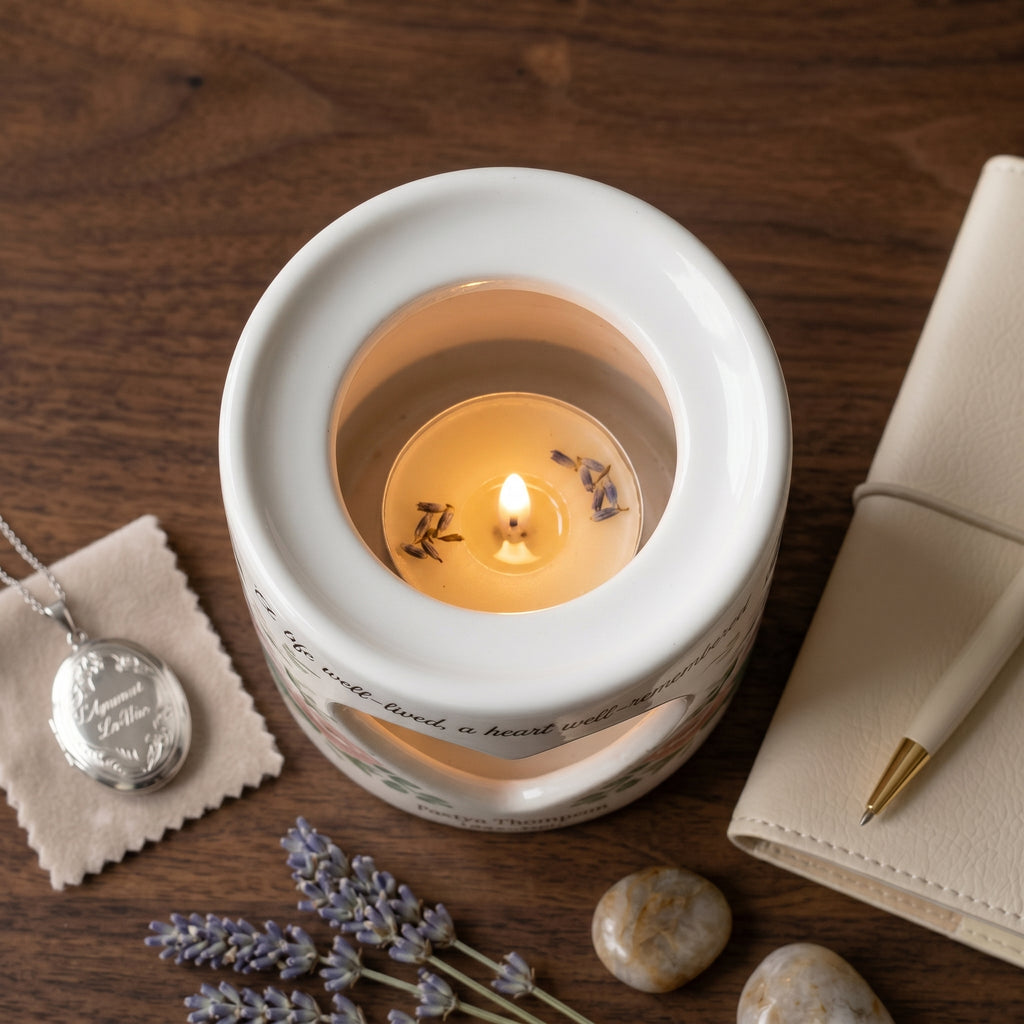 Personalized Memorial Candle Holder Ceramic Tealight Sympathy Gift Custom Name Date Heart Cutout Floral Bereavement Remembrance Keepsake