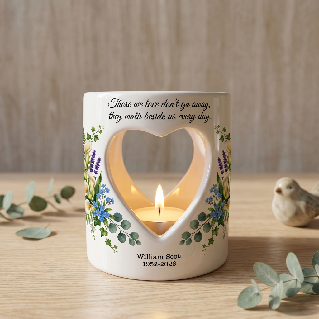 Personalized Memorial Candle Holder, Custom Name & Date Sympathy Gift, Heart Cutout Ceramic Tealight, Floral Remembrance Candle Cup