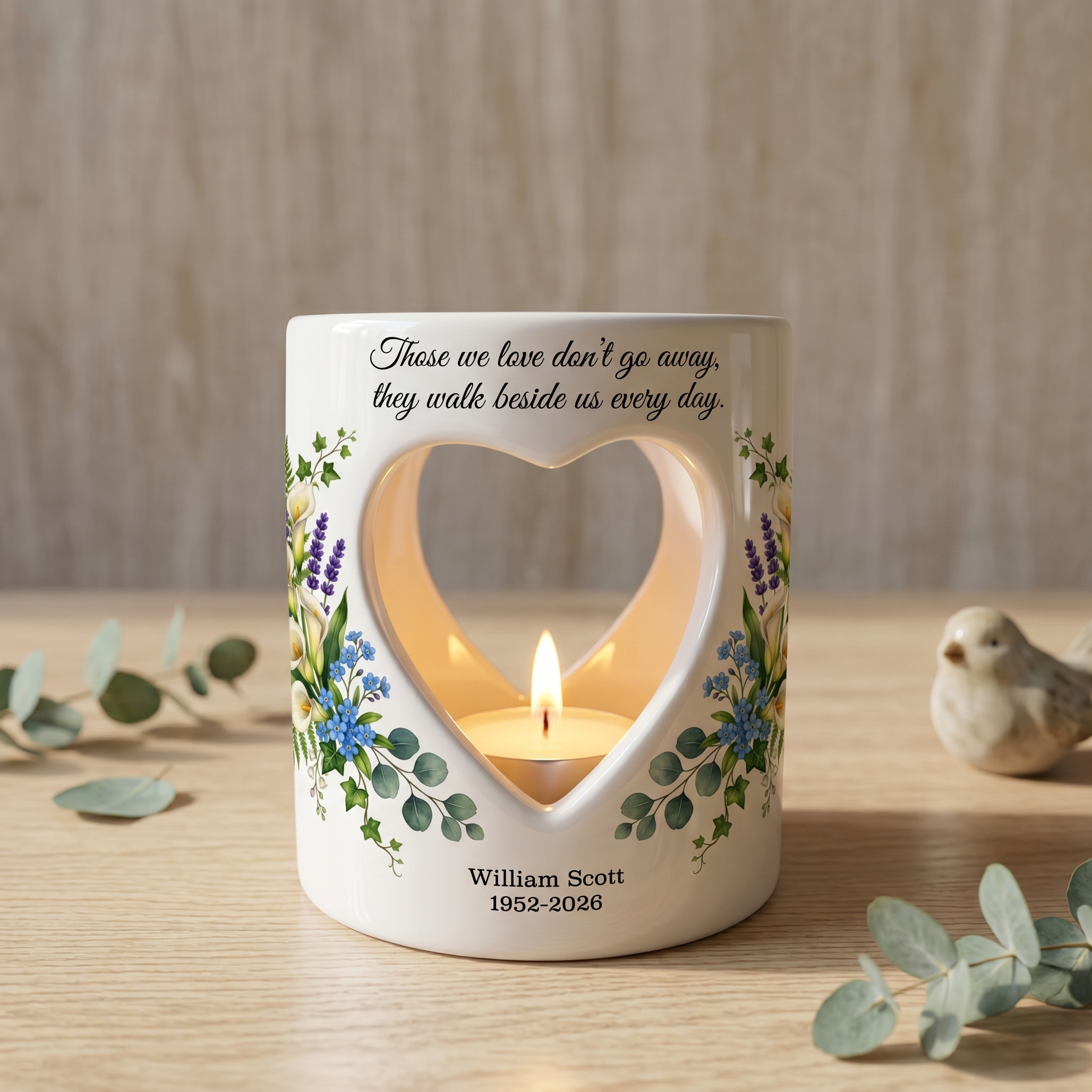 Personalized Memorial Candle Holder, Custom Name & Date Sympathy Gift, Heart Cutout Ceramic Tealight, Floral Remembrance Candle Cup