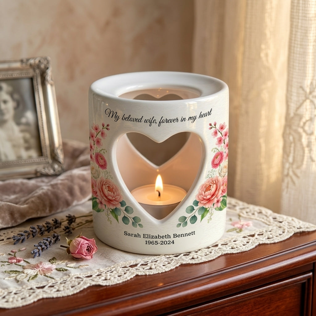 Personalized Memorial Candle Holder Ceramic, In Loving Memory Sympathy Gift, Heart Cutout Floral Tealight Remembrance Keepsake