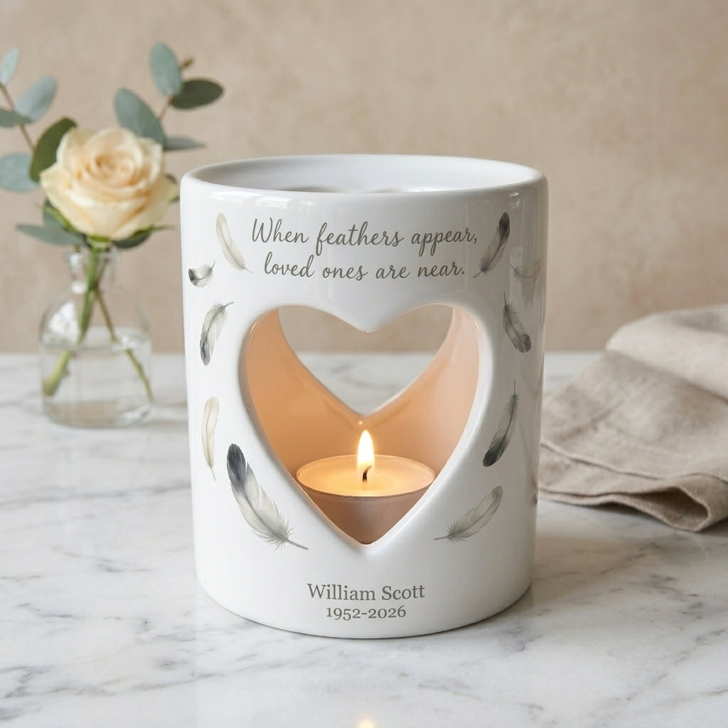 Personalized Memorial Candle Holder, When Feathers Appear Loved Ones Are Near, Ceramic Heart Sympathy Tea Light, Bereavement Gift