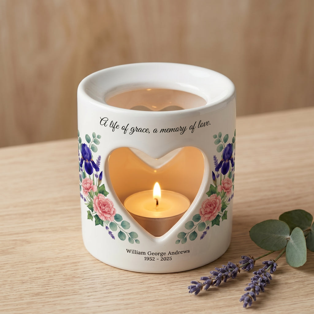 Personalized Memorial Candle Holder Ceramic Tealight Luminary Heart Cutout Floral Sympathy Gift Bereavement Remembrance Keepsake