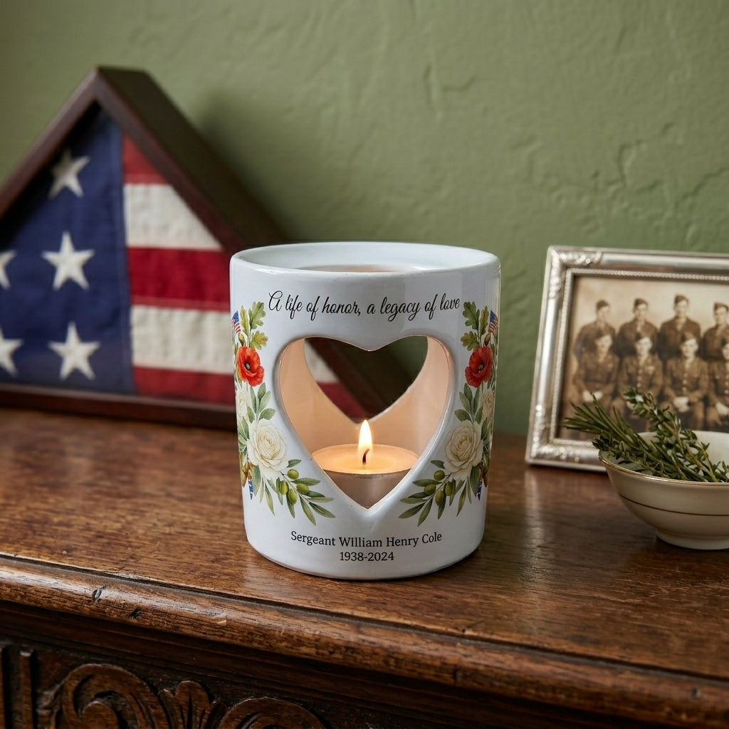 Personalized Veteran Memorial Candle Holder, Military Sympathy Gift, Heart Cutout Tealight Holder, Custom Name & Dates Remembrance Keepsake