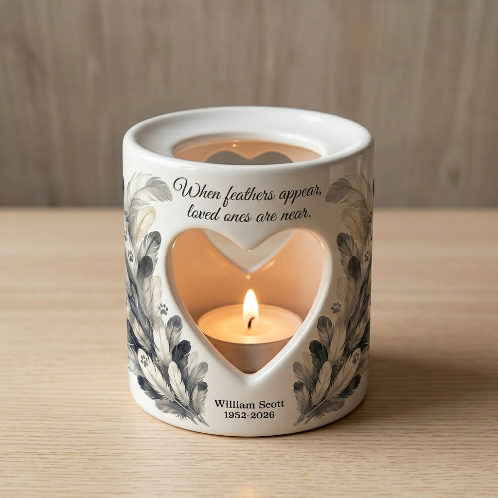 Personalized Memorial Tealight Candle Holder, When Feathers Appear Loved Ones Are Near, Ceramic Sympathy Gift, Remembrance Keepsake
