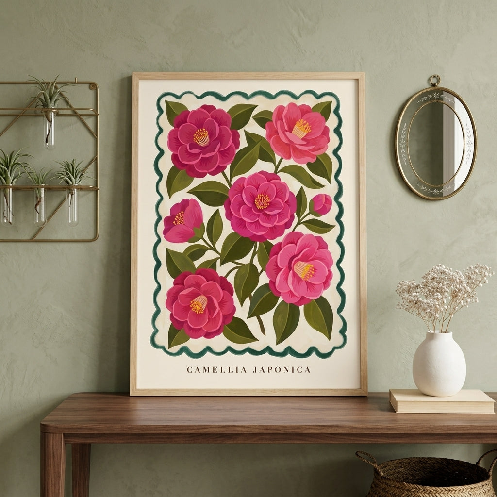 Camellia Japonica Botanical Wall Art, Pink Floral Painting Print, Vintage Flower Market Poster, Maximalist Cottagecore Decor