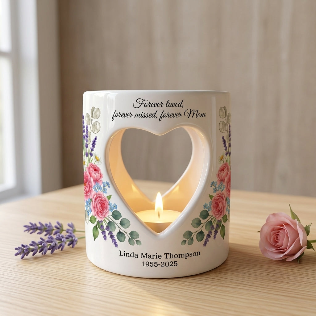 Personalized Mom Memorial Candle Holder, Forever Loved Forever Missed Forever Mom Ceramic Tealight Holder, Sympathy Gift, Custom Name & Date