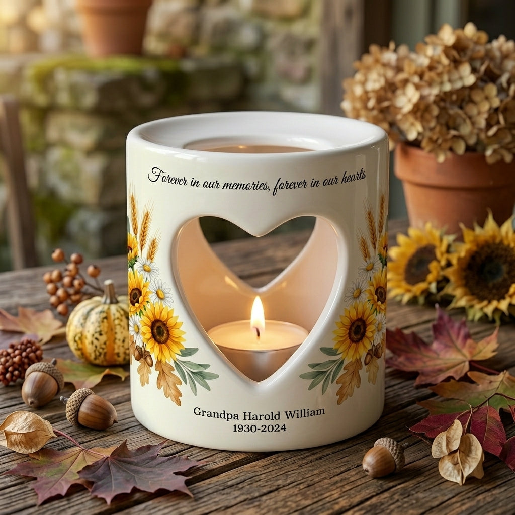 Personalized Sunflower Memorial Candle Holder, Heart Cutout Ceramic Sympathy Gift, In Loving Memory Remembrance Tealight Cup