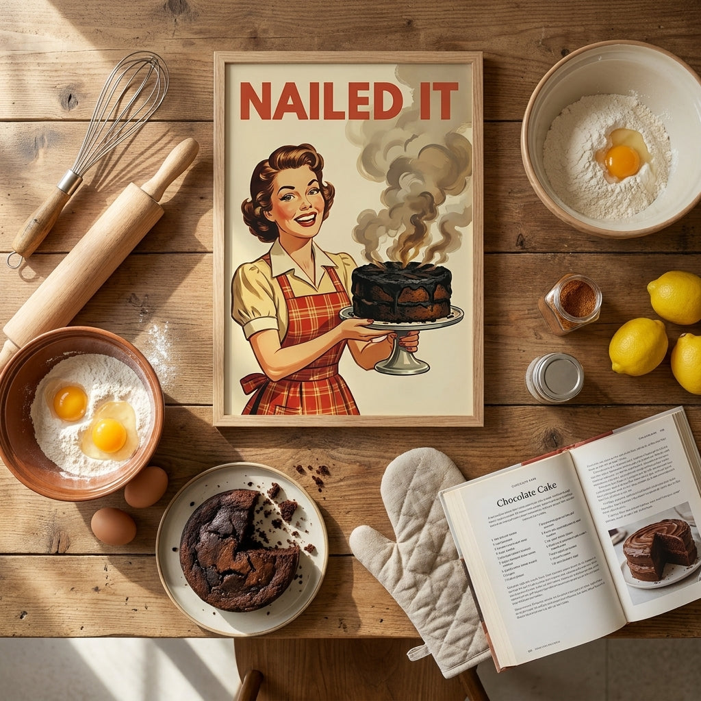 Nailed It Funny Kitchen Wall Art, Retro Vintage Housewife Burnt Cake Poster, Mid Century Baking Print, Humorous Kitchen Decor
