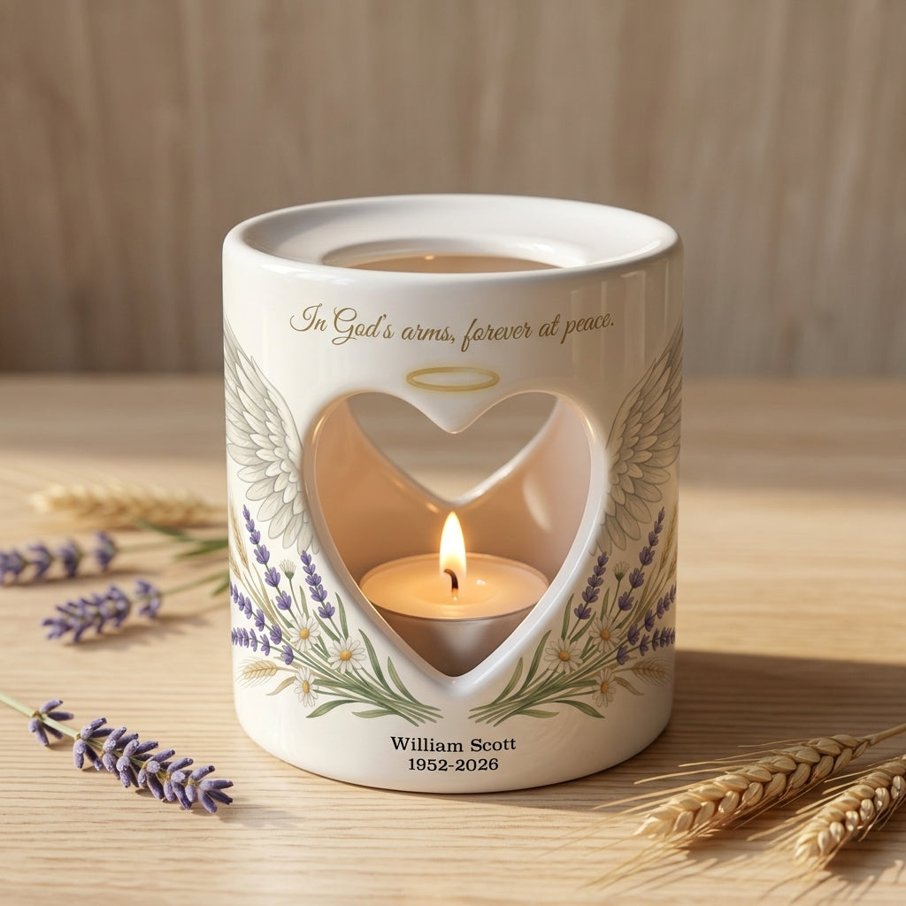 Personalized Memorial Candle Holder, Angel Wings Heart Sympathy Gift, Custom Name Date Ceramic Tealight, In Loving Memory Bereavement