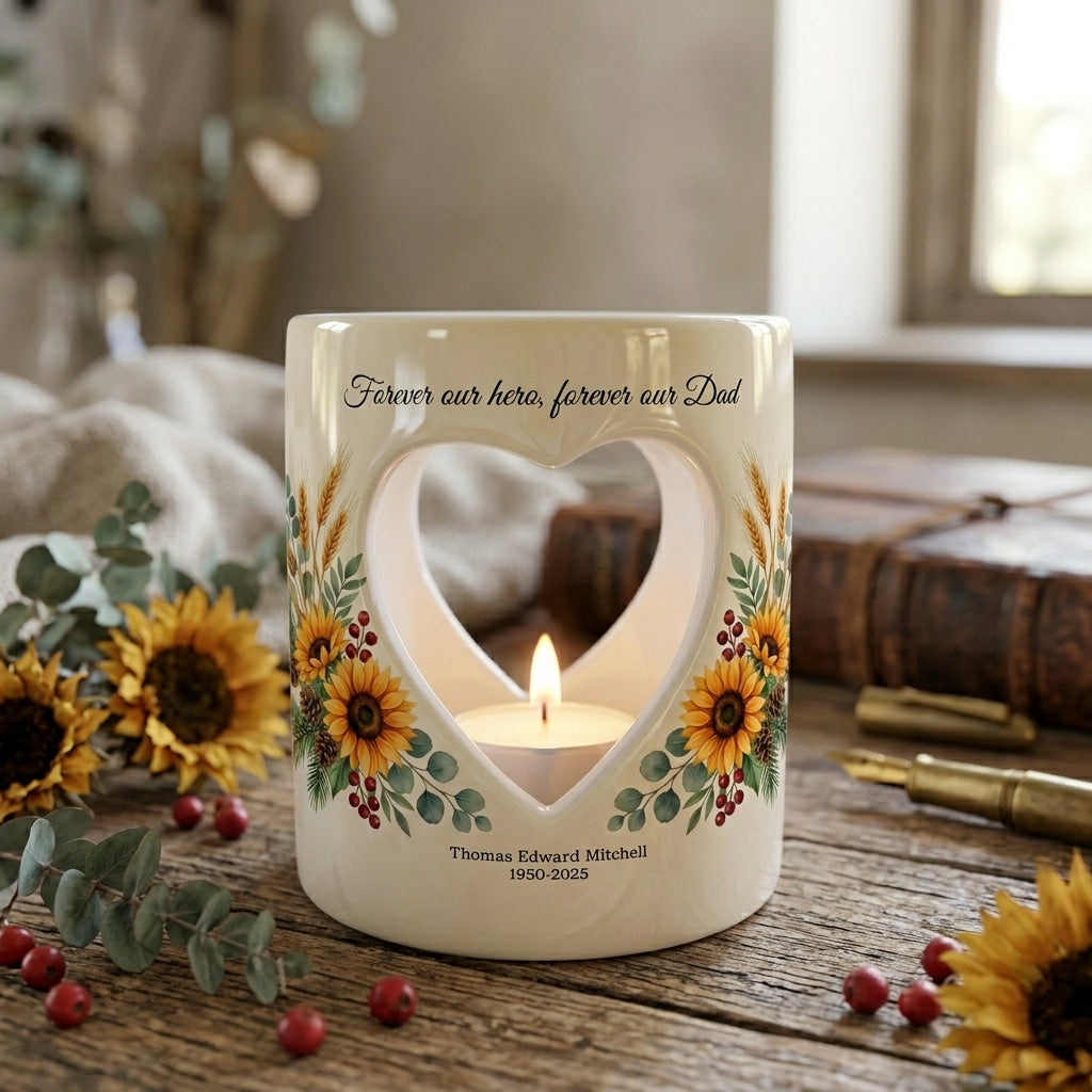 Personalized Dad Memorial Candle Holder, Sunflower Heart Tealight Cup, Forever Our Hero Forever Our Dad Sympathy Loss of Father Gift