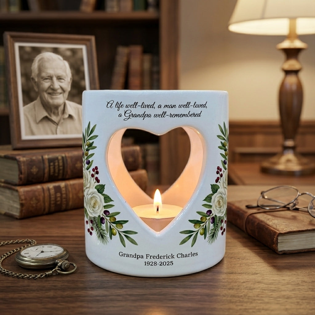 Personalized Grandpa Memorial Candle Holder, Heart Cutout Ceramic Tealight Votive, Sympathy Loss of Grandfather Remembrance Gift