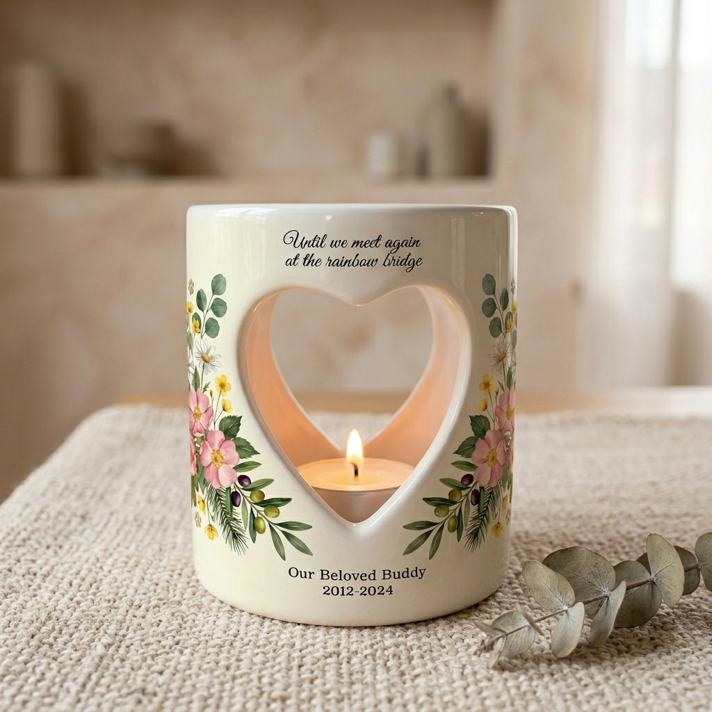 Personalized Pet Memorial Candle Holder, Rainbow Bridge Ceramic Heart Tealight Holder, Dog Cat Loss Sympathy Gift, Pet Remembrance Keepsake