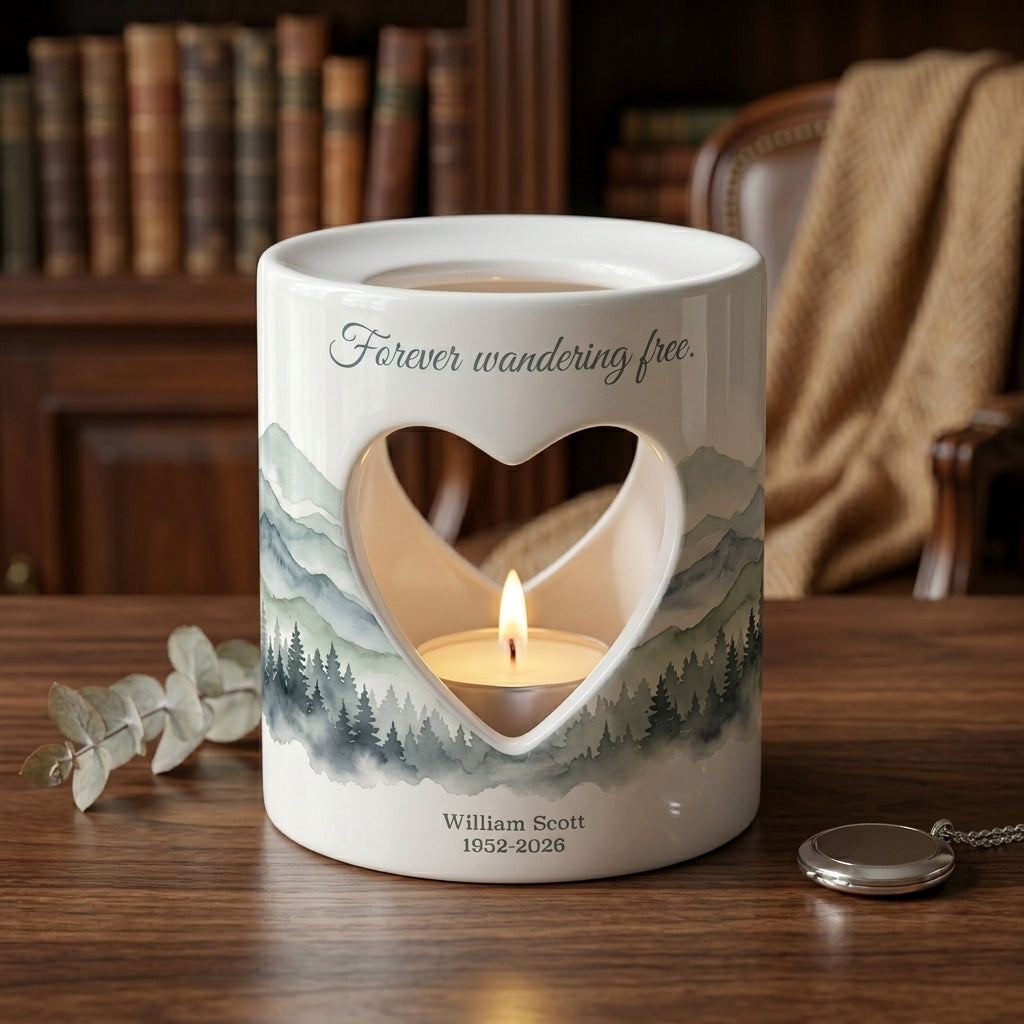 Personalized Memorial Candle Holder, Forever Wandering Free Sympathy Gift, Mountain Tealight Keepsake, Bereavement Loss of Loved One