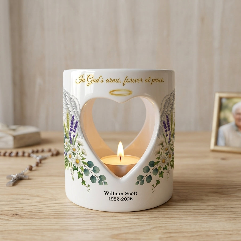 Personalized Memorial Candle Holder, In God's Arms Forever At Peace Ceramic Heart Tealight Sympathy Gift, Angel Wings Remembrance Keepsake