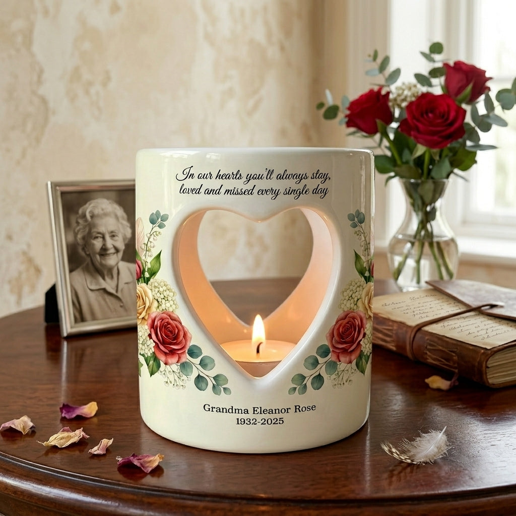 Personalized Memorial Candle Holder, Heart Cutout Ceramic Tealight Sympathy Gift, Custom Name Date Remembrance Keepsake