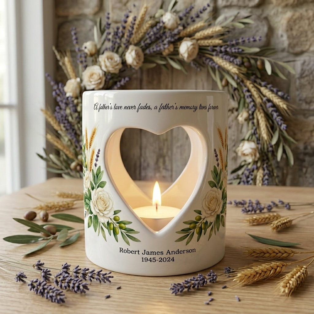 Personalized Memorial Candle Holder for Dad, Custom Father Sympathy Gift, Ceramic Heart Tealight Holder, Loss of Father Remembrance Keepsake
