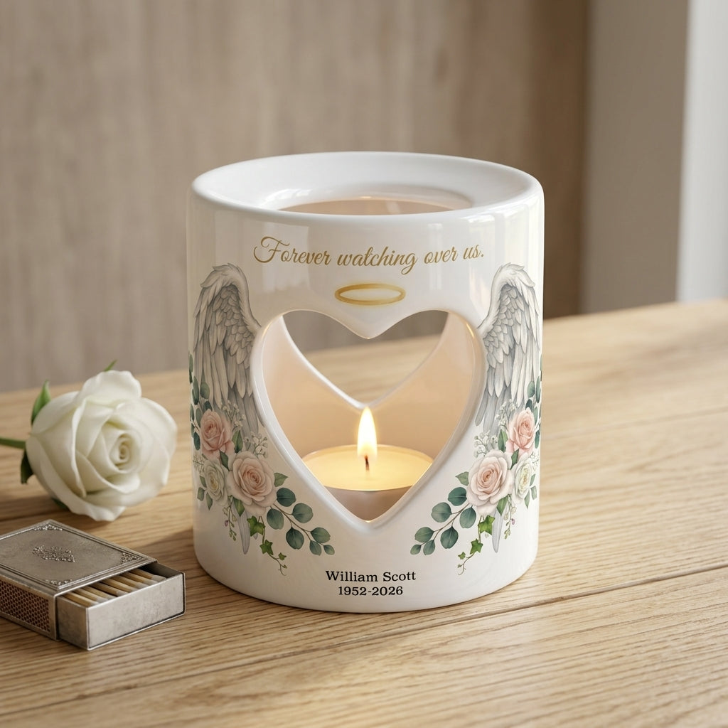 Personalized Memorial Candle Holder, Angel Wings Heart Sympathy Tealight Cup, Bereavement Remembrance Gift, In Loving Memory Keepsake