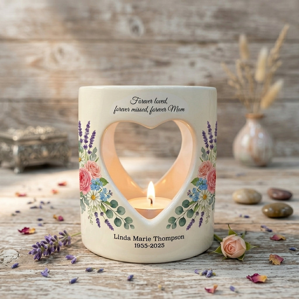 Personalized Memorial Candle Holder for Mom, Forever Loved Forever Missed Ceramic Heart Tealight Sympathy Gift