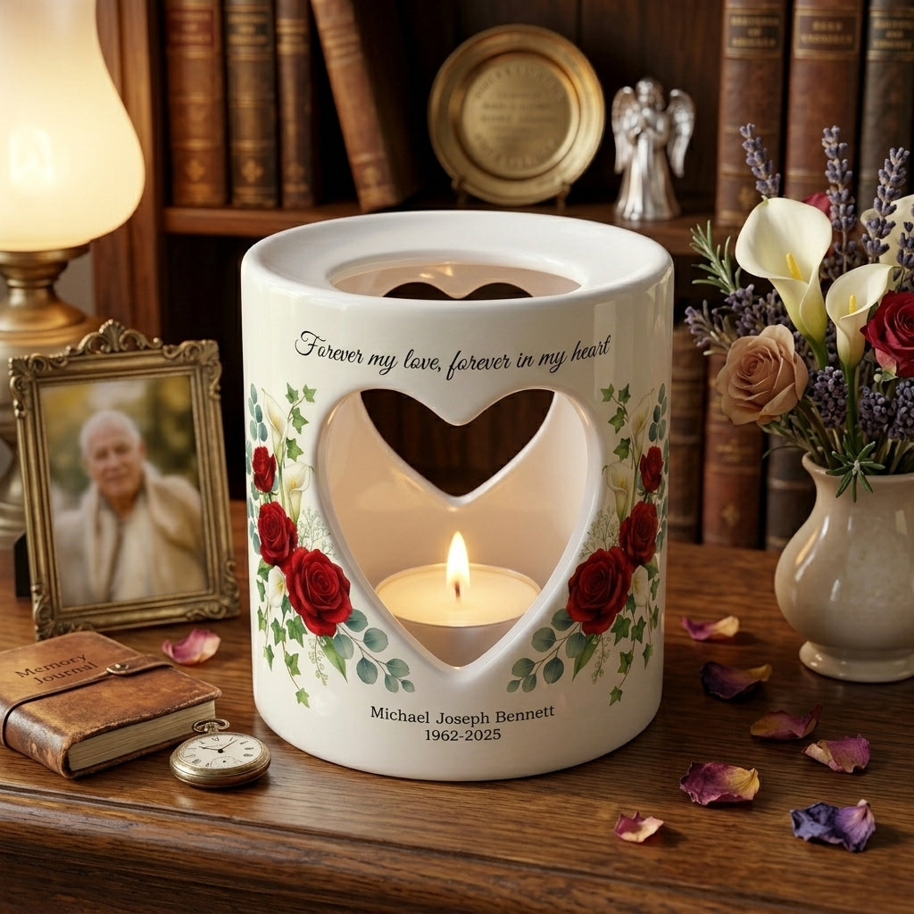 Personalized Memorial Candle Holder, Forever My Love Sympathy Gift, Custom Name Date Heart Ceramic Tealight Remembrance