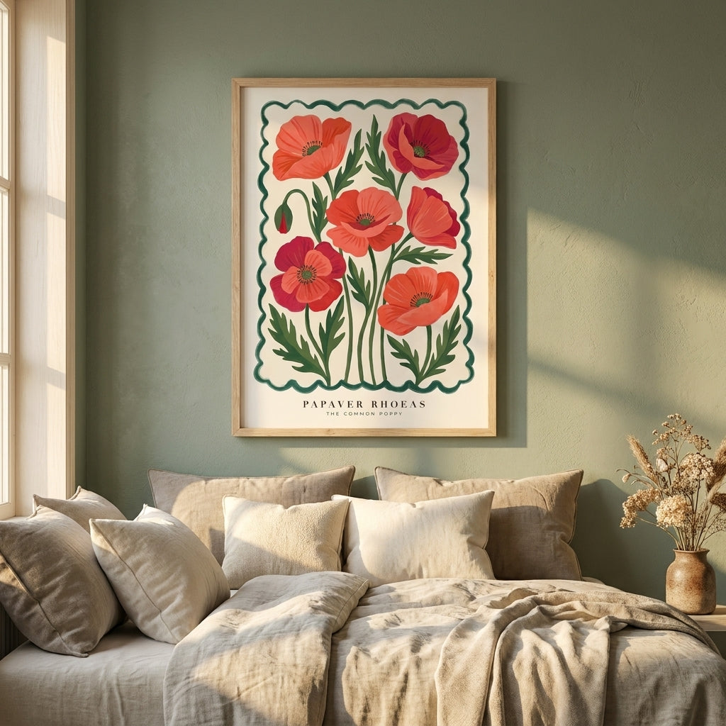 Papaver Rhoeas Common Poppy Wall Art Print, Red Floral Botanical Poster, Vintage Flower Market Print, Boho Cottagecore Home Decor