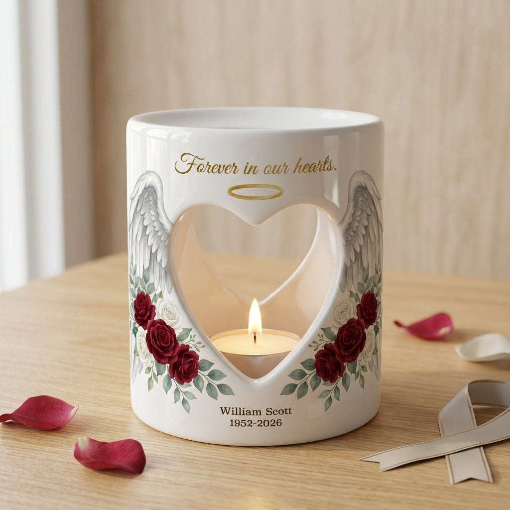 Personalized Memorial Candle Holder, Angel Wings Heart Sympathy Gift, Custom Name Date Remembrance Tealight, In Loving Memory