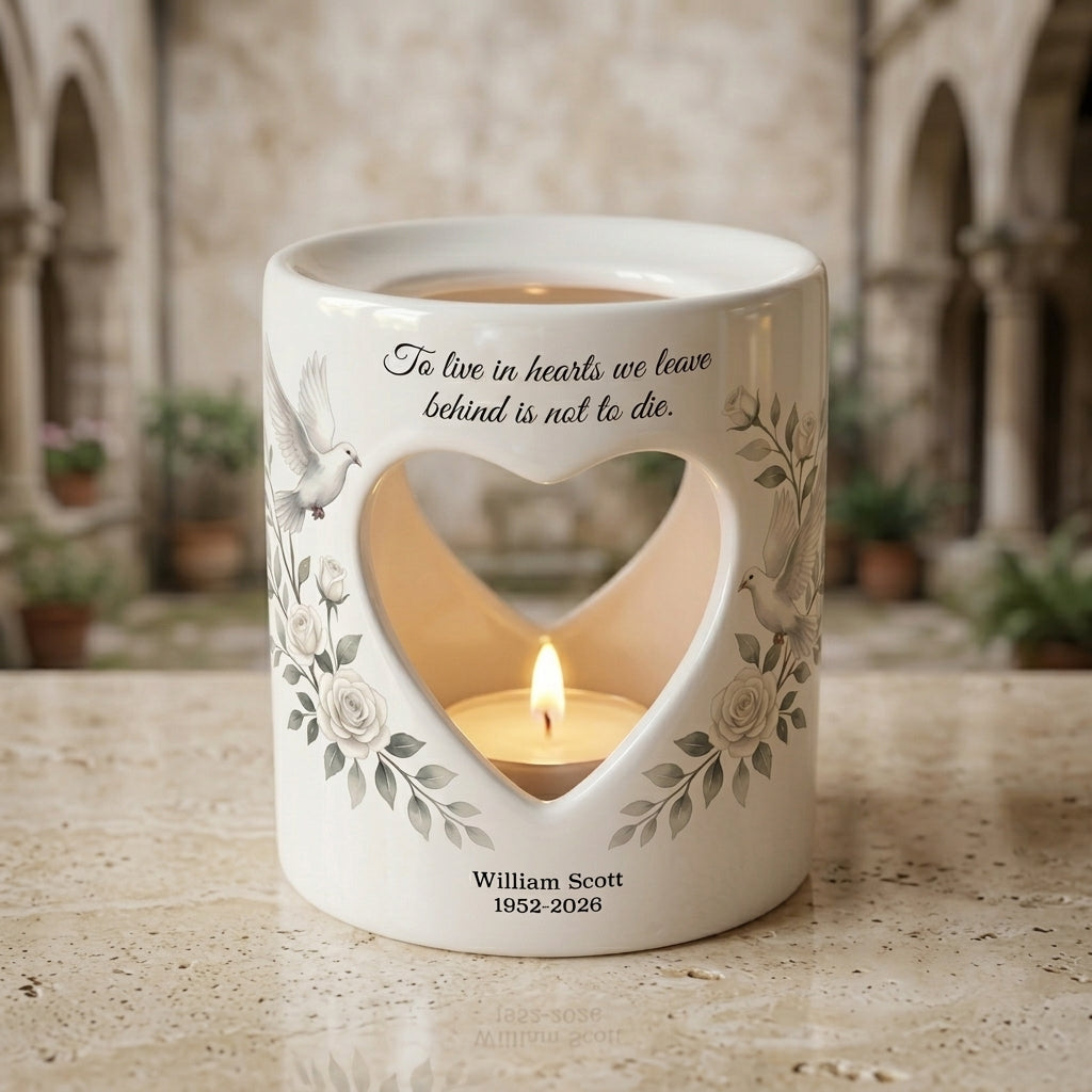 Personalized Memorial Candle Holder, Heart Cutout Ceramic Tealight Sympathy Gift, Dove Rose Remembrance Keepsake In Loving Memory