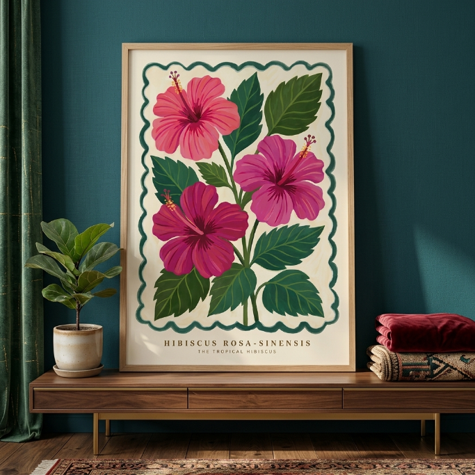 Hibiscus Rosa Sinensis Wall Art, Pink Tropical Flower Print, Botanical Poster, Boho Floral Wall Decor, Framed Hibiscus Painting Gift
