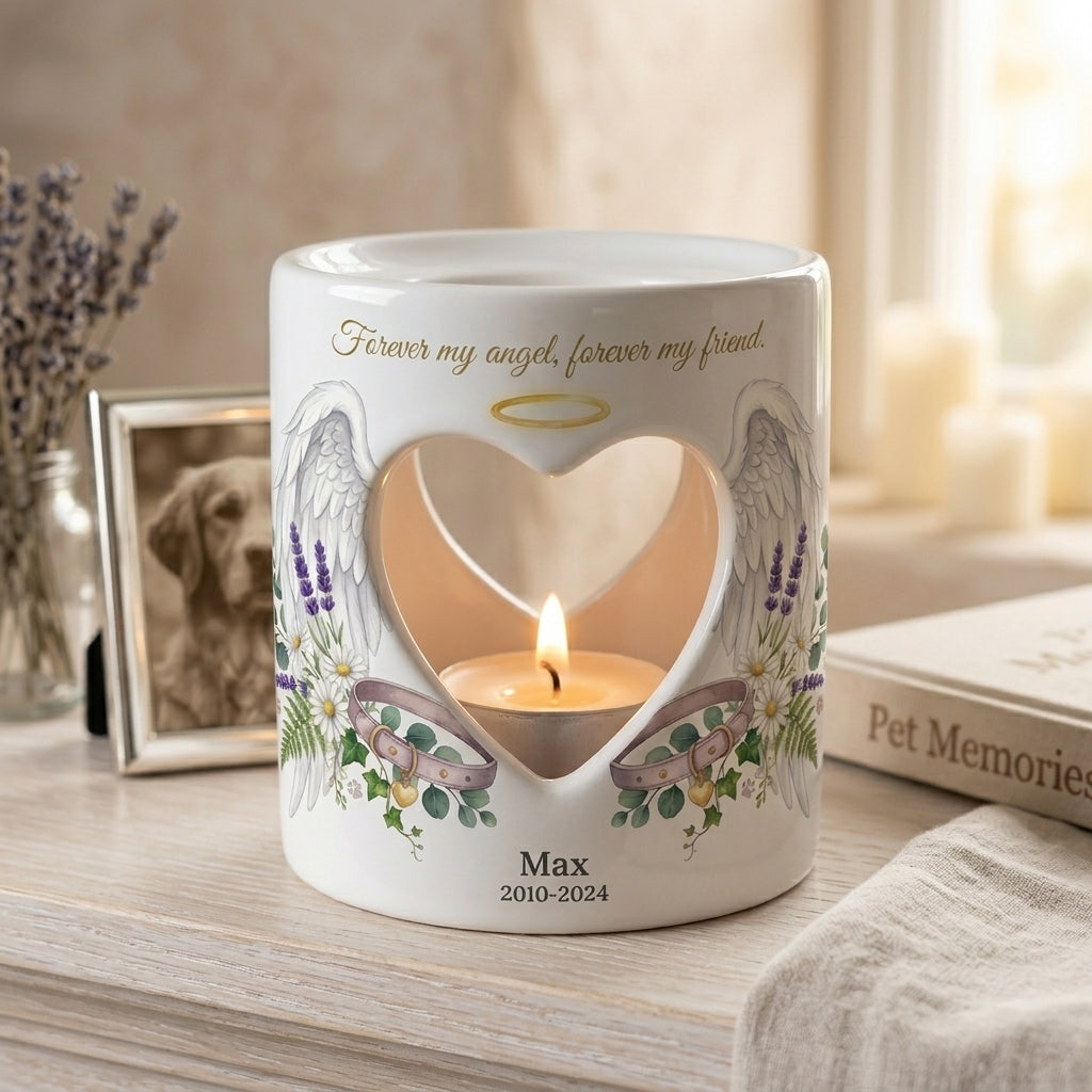 Personalized Pet Memorial Candle Holder, Dog Memorial Gift, Angel Wings Heart Tealight Holder, Custom Pet Loss Sympathy Keepsake