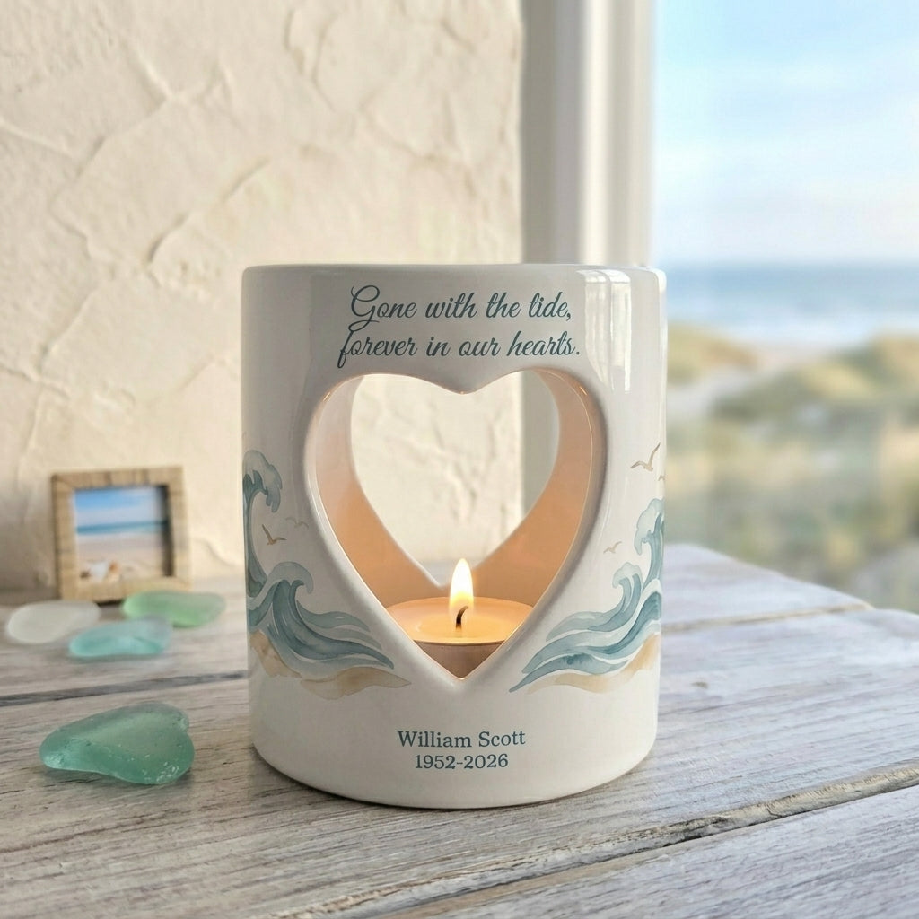 Personalized Memorial Candle Holder Ceramic Heart Tealight Coastal Sympathy Gift Loss of Loved One Beach Remembrance Keepsake