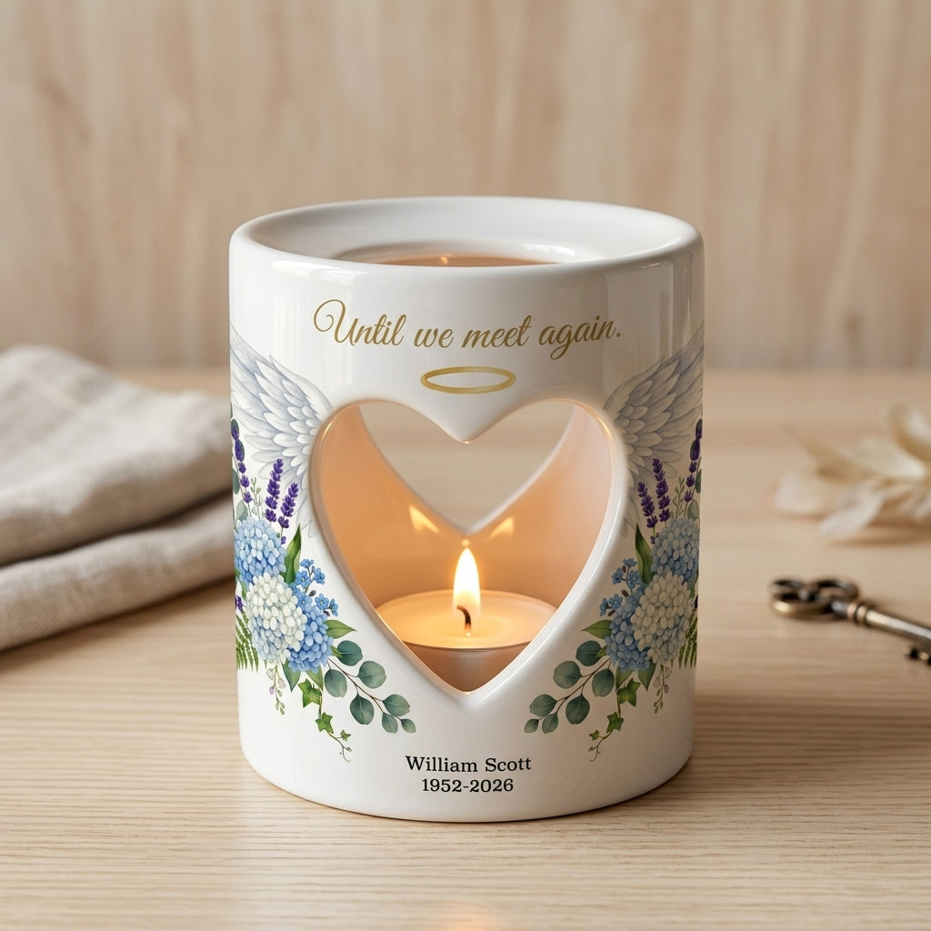 Personalized Memorial Candle Holder, Until We Meet Again Sympathy Gift, Angel Wings Heart Tealight Holder, Loss of Loved One Keepsake