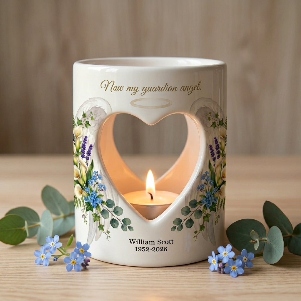 Personalized Memorial Candle Holder, Now My Guardian Angel Tealight Cup, Sympathy Gift, Angel Wings Heart Remembrance Keepsake
