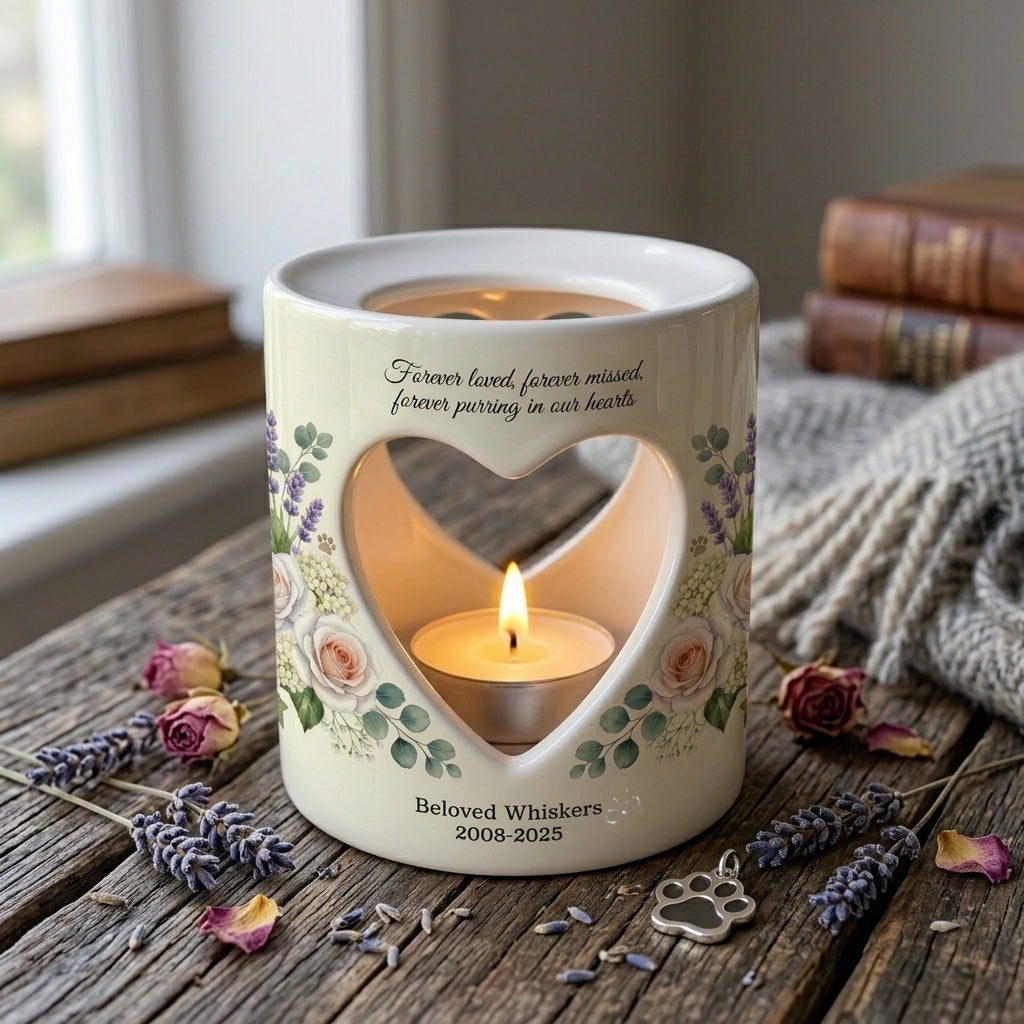 Personalized Cat Memorial Candle Holder, Pet Loss Sympathy Gift, Custom Ceramic Tealight Holder, Cat Remembrance Keepsake, Rainbow Bridge