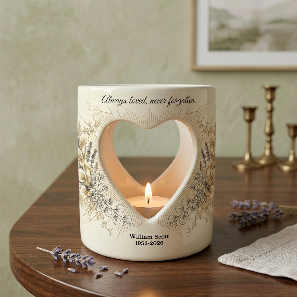 Personalized Memorial Candle Holder, Always Loved Never Forgotten Heart Cutout Ceramic Sympathy Gift, Remembrance Tealight Lantern