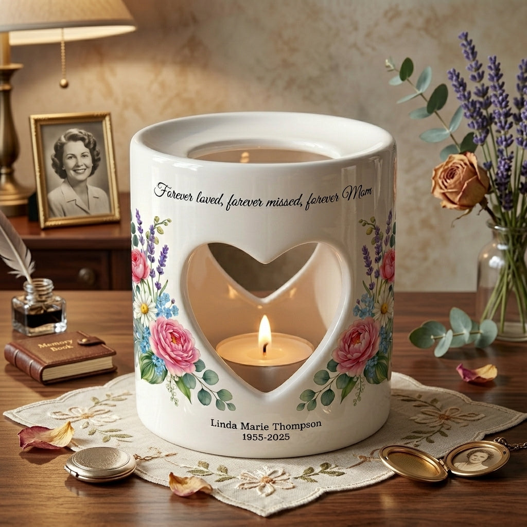 Personalized Memorial Candle Holder for Mom, Forever Loved Forever Missed, Heart Cutout Ceramic Tealight Sympathy Gift