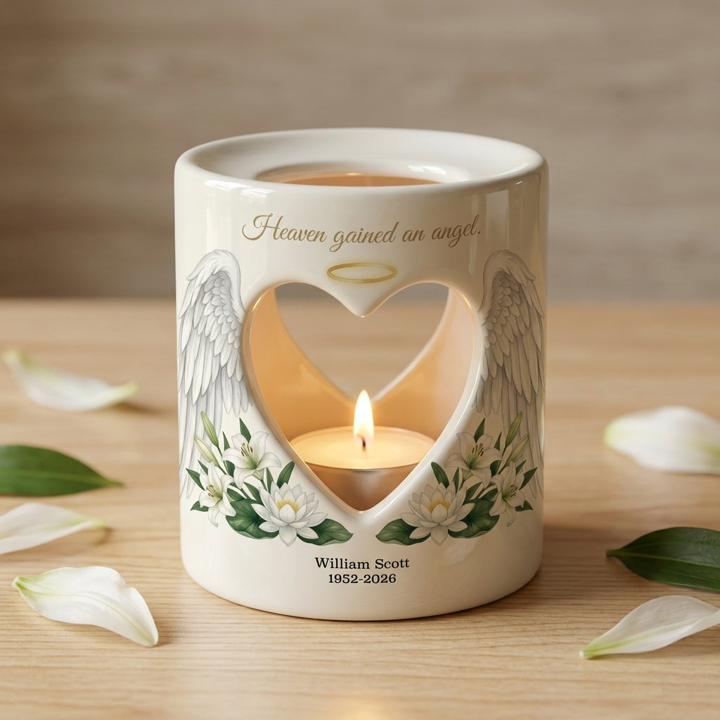 Personalized Memorial Candle Holder, Heaven Gained An Angel Ceramic Tealight Sympathy Gift, In Loving Memory Bereavement Keepsake
