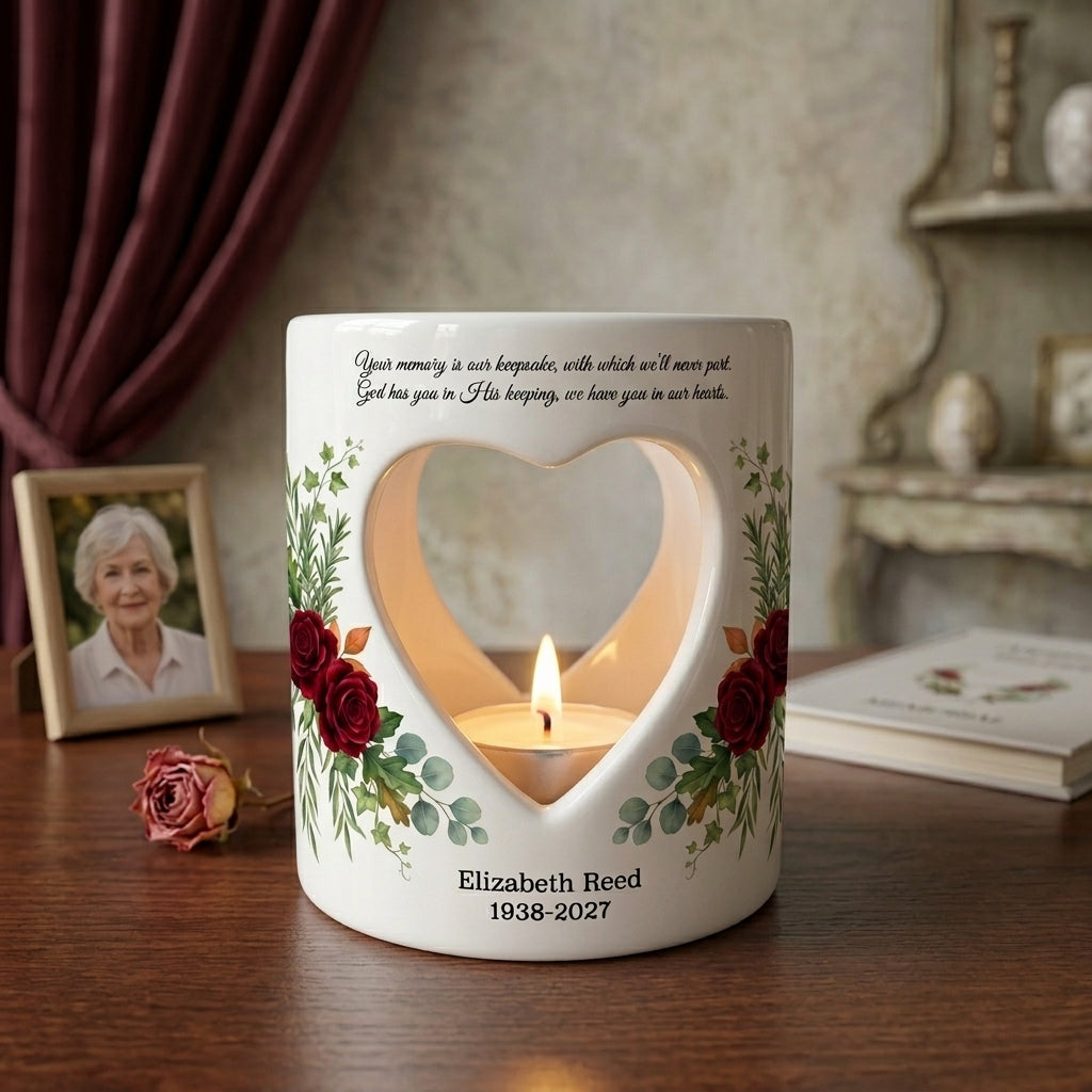 Personalized Memorial Candle Holder, Heart Cutout Ceramic Sympathy Tealight, In Loving Memory Keepsake Remembrance Gift
