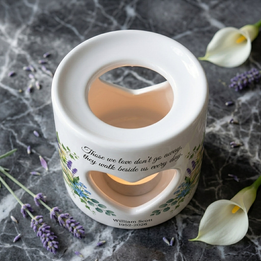Personalized Memorial Candle Holder, Custom Name & Date Sympathy Gift, Heart Cutout Ceramic Tealight, Floral Remembrance Candle Cup