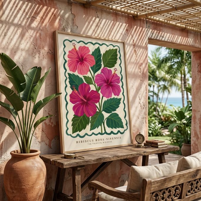 Hibiscus Rosa Sinensis Wall Art, Pink Tropical Flower Print, Botanical Poster, Boho Floral Wall Decor, Framed Hibiscus Painting Gift
