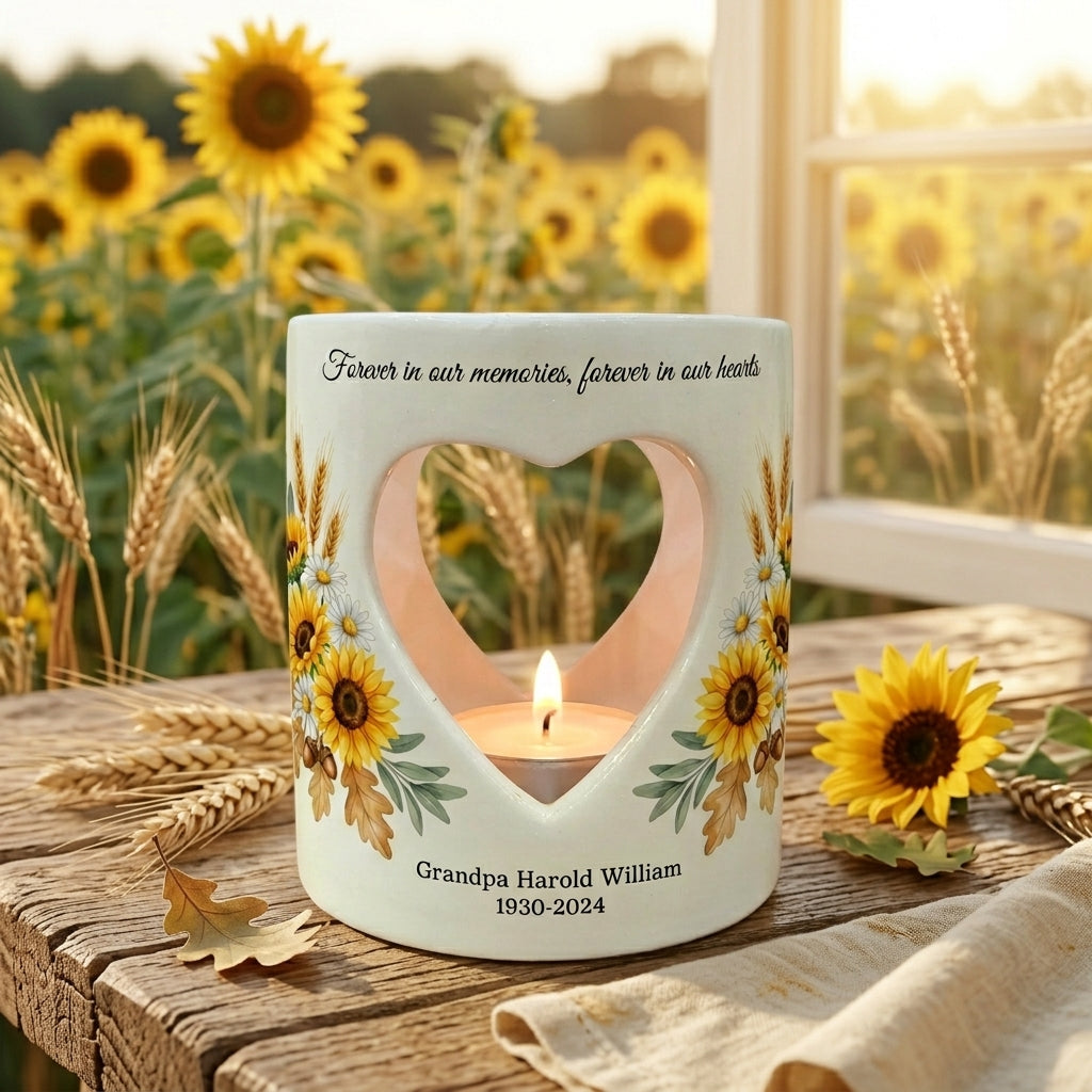 Personalized Sunflower Memorial Candle Holder, Heart Cutout Ceramic Sympathy Gift, In Loving Memory Remembrance Tealight Cup