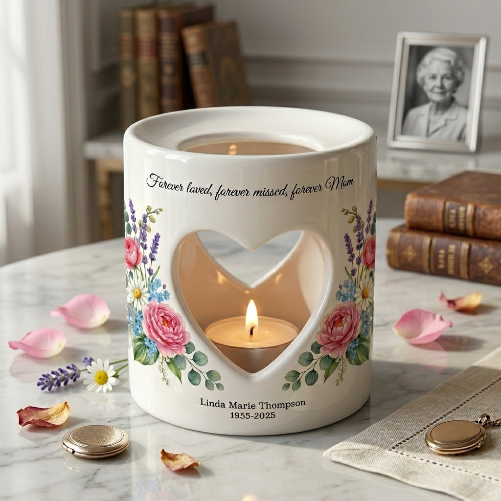Personalized Memorial Candle Holder for Mom, Forever Loved Forever Missed, Heart Cutout Ceramic Tealight Sympathy Gift