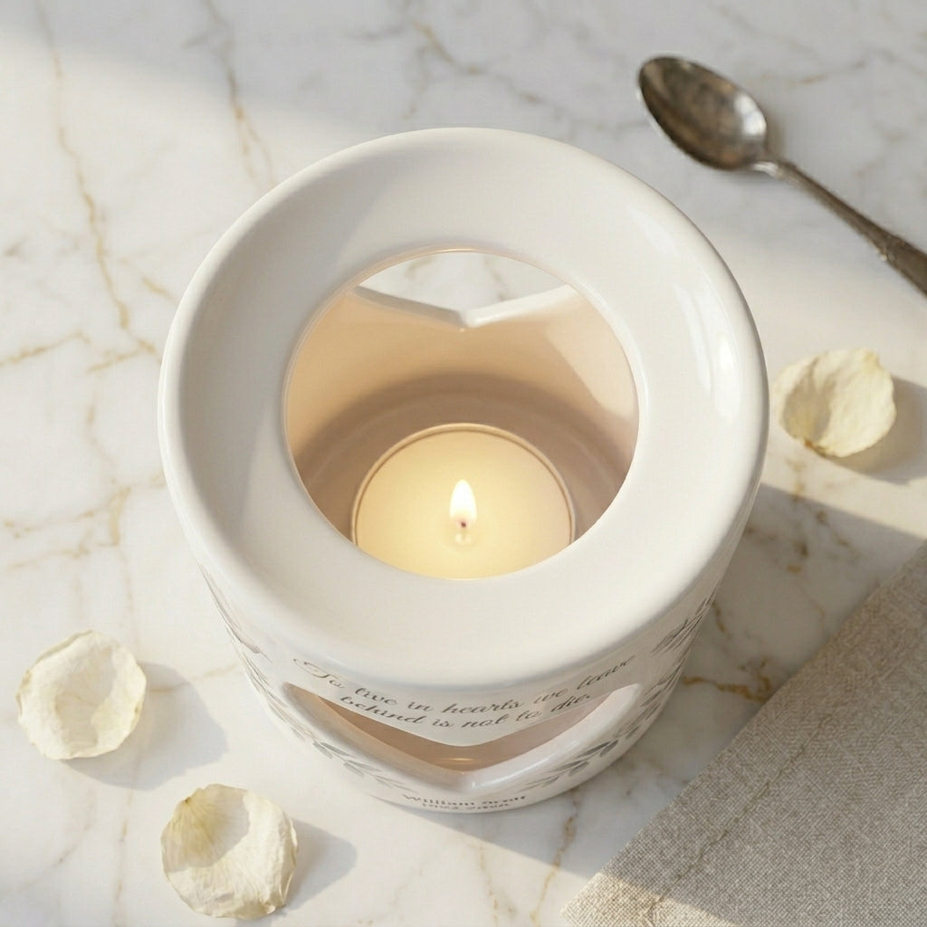 Personalized Memorial Candle Holder, Heart Cutout Ceramic Tealight Sympathy Gift, Dove Rose Remembrance Keepsake In Loving Memory