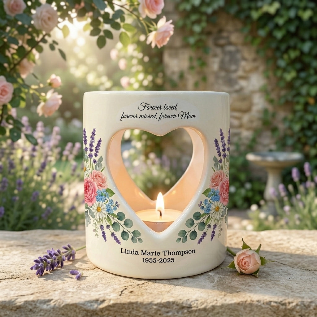 Personalized Memorial Candle Holder for Mom, Forever Loved Forever Missed Ceramic Heart Tealight Sympathy Gift