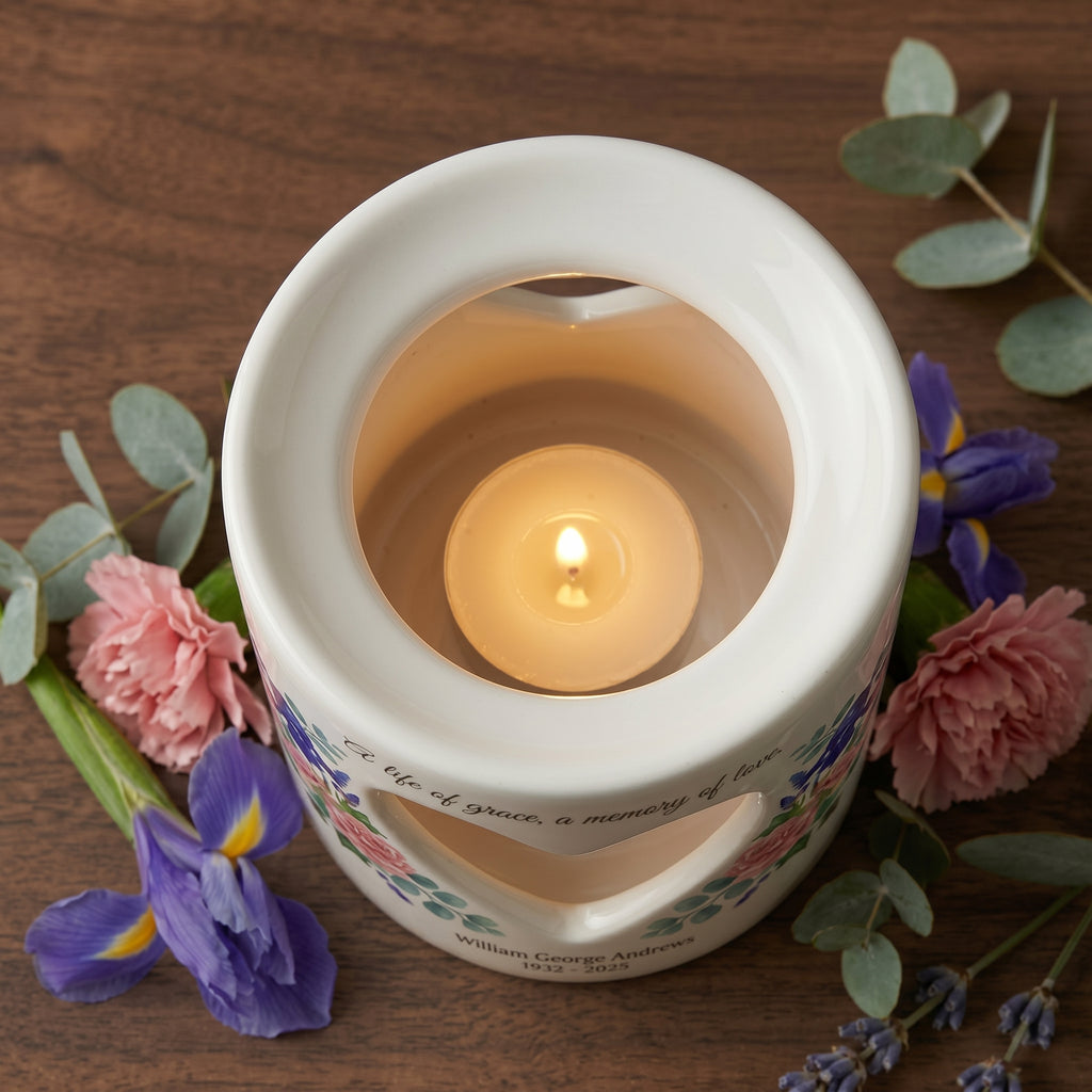 Personalized Memorial Candle Holder Ceramic Tealight Luminary Heart Cutout Floral Sympathy Gift Bereavement Remembrance Keepsake
