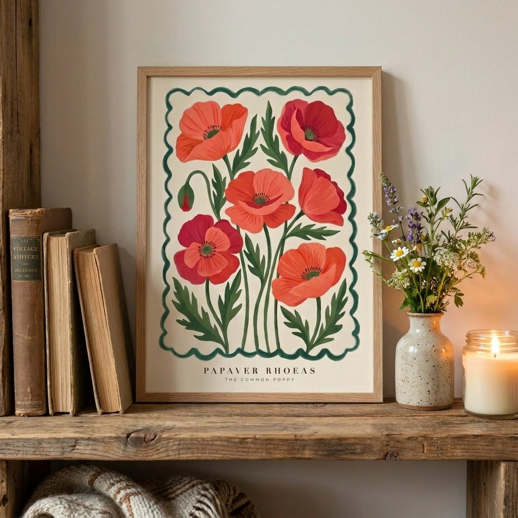 Papaver Rhoeas Common Poppy Wall Art Print, Red Floral Botanical Poster, Vintage Flower Market Print, Boho Cottagecore Home Decor