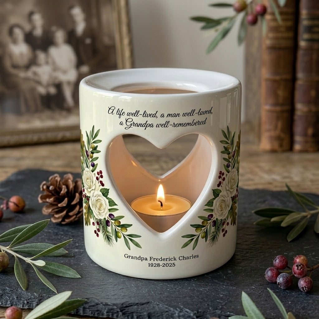 Personalized Grandpa Memorial Candle Holder, Heart Cutout Ceramic Tealight Votive, Sympathy Loss of Grandfather Remembrance Gift