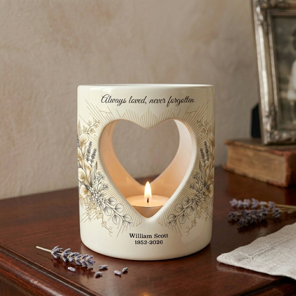 Personalized Memorial Candle Holder, Always Loved Never Forgotten Heart Cutout Ceramic Sympathy Gift, Remembrance Tealight Lantern