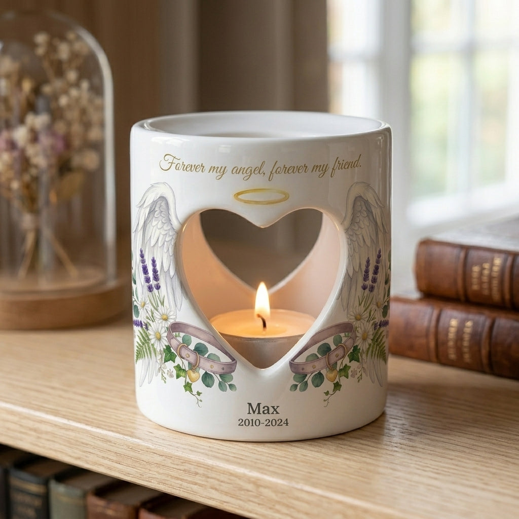 Personalized Pet Memorial Candle Holder, Dog Memorial Gift, Angel Wings Heart Tealight Holder, Custom Pet Loss Sympathy Keepsake