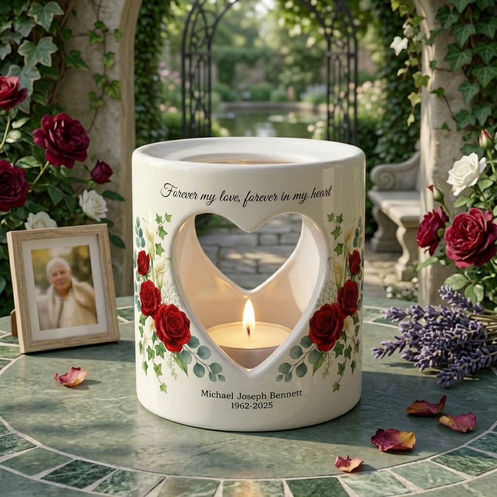 Personalized Memorial Candle Holder, Forever My Love Sympathy Gift, Custom Name Date Heart Ceramic Tealight Remembrance